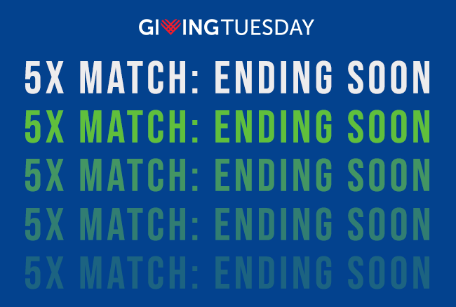 An animation featuring the phrase 5 times match: ending soon, repeated line-by-line multiple times, followed by the text: Give to fill more plates. And a button reading: Donate. The Giving Tuesday logo remains static at the top of the graphic.