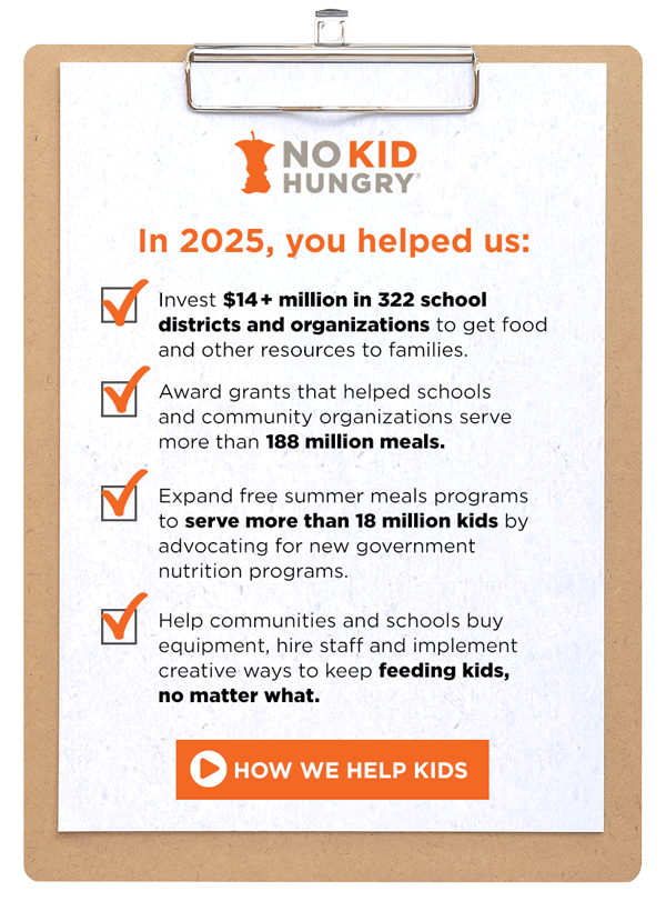 A clipboard holding a paper with the No Kid Hungry logo at the top and a checklist of four items. Check marks appear in the boxes one by one. The paper reads: In 2025, you helped us: Invest $14+ million in 322 school districts and organizations to get food and other resources to families. Award grants that helped schools and community organizations serve more than 188 million meals. Expand free summer meals programs to serve more than 18 million kids by advocating for new government nutrition programs. Help communities and schools buy equipment, hire staff and implement creative ways to keep feeding kids, no matter what. A button with a video play symbol reads: How we help kids.